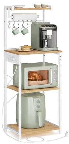 VASAGLE Estantería de Cocina con Enchufe Múltiple, Barra de Café de 4 Niveles con Estante Ajustable, 8 Ganchos S, Soporte de Microondas, 40 x 45 x 140 cm, Roble Dorado y Blanco Nube KKS013YA06