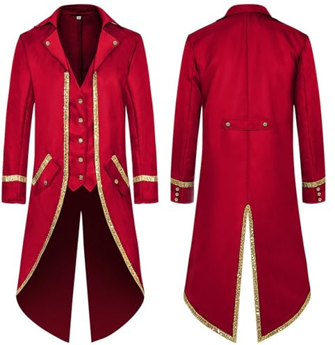 Generisch Manteau de frack steampunk pour homme, style gothique, médiéval, vintage, à manches longues, élégant, veste de smoking, costume d'Halloween pour carnaval, fête, pirate, cosplay, rouge, M