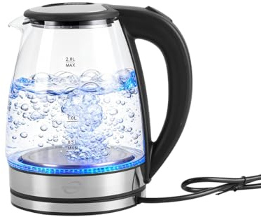 Multibao Electric Glass Kettle 2L 1800W Fast Boiling Tea Kettle Hot Water Boiler with Auto Shut Off, Boil-Dry Protection, BPA-Free Plastic-Free Interior, Blue LED Light, UKCA and ROHS approved