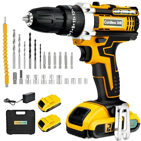 21V sladdlös skruvdragare: Trådlös skruvdragare med 2 litiumbatterier 2,0 Ah, 25+3 parpositioner, självåtdragande chuck, LED, 24 tillbehör, för DIY trä metall