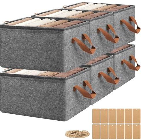 BORISCA 6 Pcs Fabric Storage Boxes, Gray Foldable Storage Baskets for Shelves Closet Organiser Baskets with Steel Frame & Handle for Home and Office Organization, 23L (Gray)