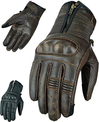 Texpeed Mens Motorcycle Leather Gloves - Motorbike Riding Biker Moped Zipped Gloves With Armour Protection Brown - (L)