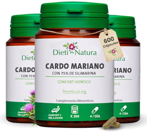 Cardo Mariano (75% de Silimarina) de Dieti Natura Pack 3 de 200 Cápsulas - Cardo Mariano Cápsulas para Detox Depurativo Hígado y Colon - Favorece el Sistema Digestivo, Sin OMG (600 unidades)