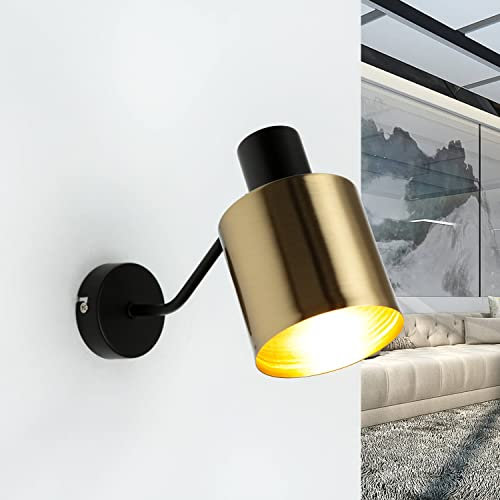 Licht-Erlebnisse Lampada da parete con braccio per interni Palermo Faretto Spot dal design industriale color ottone nero E27 ideale per il soggiorno cucina