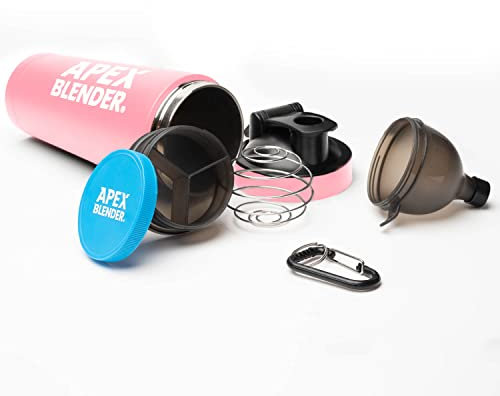 Apex Blender Rostfritt stål Protein Shaker flaska för korrekt näring – proteinpulver tratt och mixerboll för klumpfria skakningar – snygg före träning och sport kosttillskott shakers – 750 ml svart – rosa