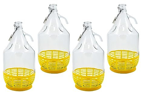 WYSKONT Enghals Ballonflasche Weinflasche mit Bügelverschluss und Korb zur Aufbewahrung von Gärungsgetränken aus transparentem Glas, luftdicht, 4 Stück x 5 l