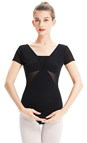 Maillot de Danza Ballet Manga Corta Leotardo Gimnasia Ritmica Malla Bodysuit para Mujer y Niña Negro,XL