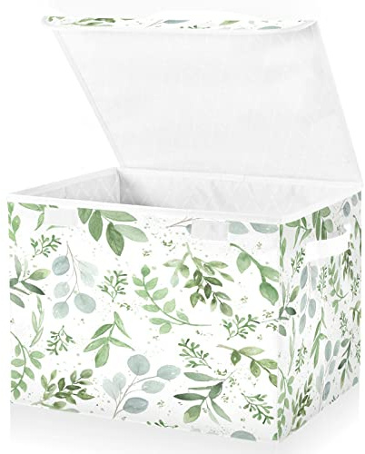 Mnsruu Storage Boxes with Lids, Plant Green Twigs Leaves Large Storage Basket Organizer Shelves Cube Bin Toy Clothes Underbed