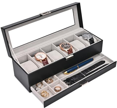 ProCase Watch Box for Men, 6 Slot Watch Display Case with Drawer, Mens Watch Case With Glass Lid, 2-Layer Jewelry and Watch Storage Watch Holder Organizer for Men Women -6 Slot, Black