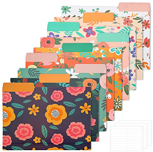 EOOUT 9pcs Decorative File Folders Letter Size, 1/3-Cut Tabs Plastic File Folders for Documents with Colorful Floral Patterns and Erasable Category Labels for Notes Office and School Supplies