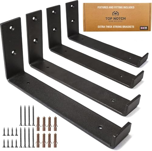 Top Notch Home and Living Heavy Duty Metal Shelf Brackets | Steel Bracket for Wooden Wall Shelves | Support 40kgs | Hardwearing | Incl Fixtures & Fittings (Black, Pack of 4 Up Brackets)