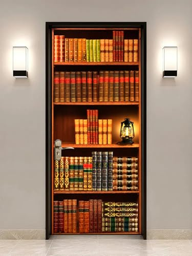FLFK 3D Bookcase Door Mural Peel and Stick 85x215cm - Retro Bookshelf Self-Adhesive Door Sticker Poster Wallpaper Wall Decal for Bedroom Decor(2Pcs/Set)
