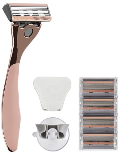 FFS Beauty Starter Shaving Set for Women - Premium Customised Metal Razor Handle with Personalised Engraving, Shower Holder, Travel Pouch, 4 SmoothGlide 6-Blade Cartridges (Rose Gold)