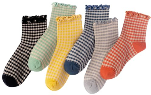 Women's 6 Pairs Ruffle Socks | Striped & Checkered Ankle Socks | Cotton Blend 60% Cotton 40% Polyester | Size 5-9 | Casual Office/Sport Gift for Women