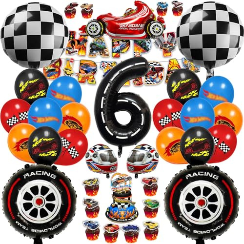 Chingcoo Hot Whels - Set di 54 decorazioni di compleanno per bambini, 6 anni, per feste di compleanno, per bambini, decorazione di compleanno, per 6 anni