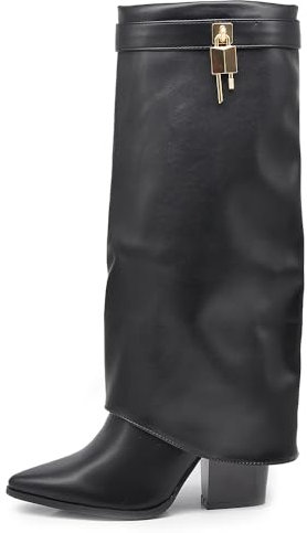 IF FASHION Stivali Alti A Punta Gambale A Ghetta Con Tacco Zip Cerniera Luchetto Da Donna G698 Nero N.38