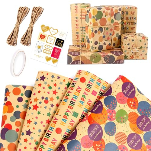 Papel de Regalo,Papel de Cumpleaños Kraft, 4 Hojas de Regalo 50x70cm Con Hilo de Yute,Embalaje de Regalo Retro, Cinta Adhesiva de Doble Cara y Pegatinas Para Cumpleaños, Fiestas