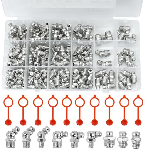 JASFLY 170 Pezzi Set di Ingrassatore, Ingrassatore Manuale M6 M8 M10 Grasso Raccordo Assortimento 45° 90° 180° con Cappello Antipolvere in Plastica per Attrezzature Meccaniche