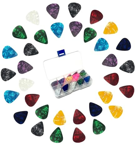 VINPAM Guitar Plectrums & Picks 40 Pack - Celluloid Guitar Accessories for Acoustic, Electric, Bass - 4 Thicknesses (0.46mm, 0.71mm, 0.96mm, 1.2mm) x 10 Each - Personalised Option Available