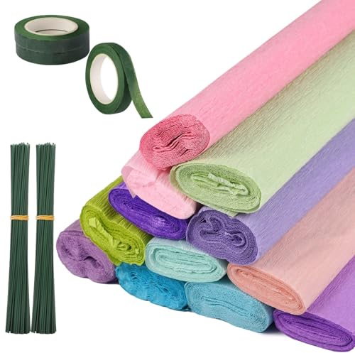 12 PCS Crepe Paper Rolls 12 Colors, Quality Italian Florist Paper Extra Long Flower Making Paper Sheets, DIY Craft Paper for Wedding Party Decorations and Paper Flowers