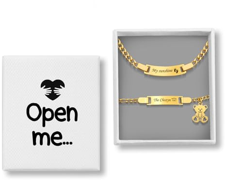 Malihome Personalized Baby Name Bar ID Bracelet & Necklace Set Custom Stainless Steel Gold Plated Kids Bracelets and Necklace for Baptism Birthday New Mom (Bear)