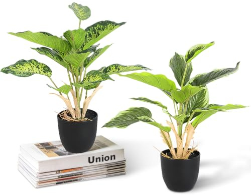NUTKIT 2 Piezas Plantas Artificiales con Macetas, Plantas Falsas Simples, Fácil de Cuidar, para Interiores Exteriores Hogares Oficinas Jardines Escritorios, Verde Oscuro