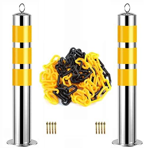 2 St Parkeringsstolpar Med 5 M Avspärrningskedja, Starka Parkeringsavspärrningsstolpar I Rostfritt Stål, Säkerhetspollare För 360 Graders Sikt(800 Mm H X 76 Mm D (31,5 Tum H X 3 Tum D))