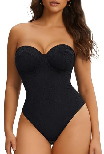 Nebility Strapless Shapewear Bodysuit for Women - Thong Body Suits Tummy Control Tube Top Underwire Lace Corset with Removable Strap