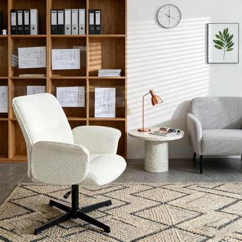 FURNISH 1 Chaise de Visiteur Moderne Blanche en bouclé avec Structure en Bois courbé et Hauteur réglable, pivotante à 360°, Fauteuil rembourré pour Salle de réunion 62,5 x 59,5 x 81-93 cm