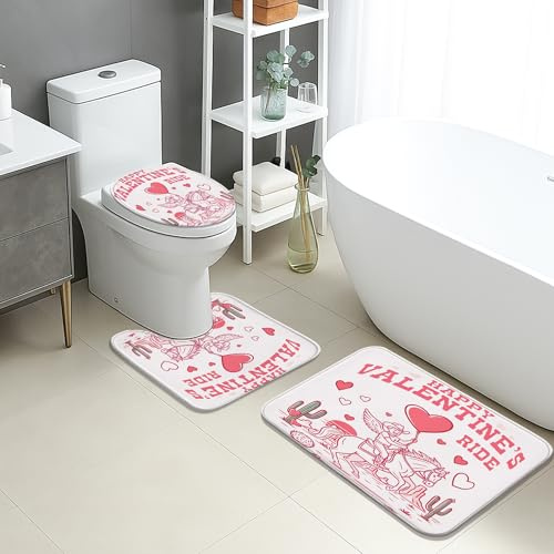 Alfombra De Baño De 3 Piezas Vaquero con Corazones Bonitos para San Valentín Juego De Alfombrillas De Baño Durable Antideslizantes Alfombras De Cama, para Dormitorio, Cocina, Bathroom