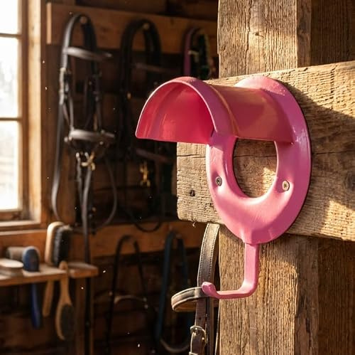 Equestrian Bridle Bracket, Pink Pressed Steel, Wall Mounted Hook Rack Bridle Holder, Tack Room Accessories Organiser for Horse Pony Head Collars