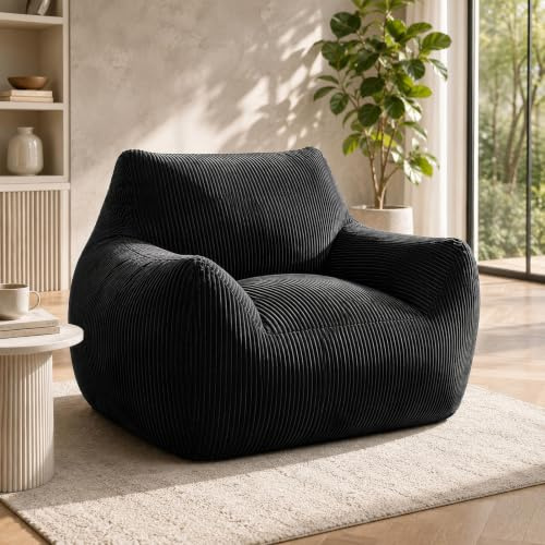 Puf para adultos con relleno, sillón de pana con respaldo, sillón grande para videojuegos y silla de suelo para salón, dormitorio y habitación juvenil, 80 x 73 x 80 cm, color negro