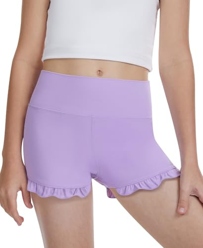 DOCUMO Girls Shorts High Waisted Ruffle Cycling Short Kids School Sport Gym Running Dance Shorts（Purple,XS