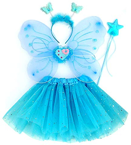 EQLEF Costume Farfalla Bambina, Tutu e Ali Set di Ali Farfalla - Costume da Principessa per Ragazze Blu - Set di 4