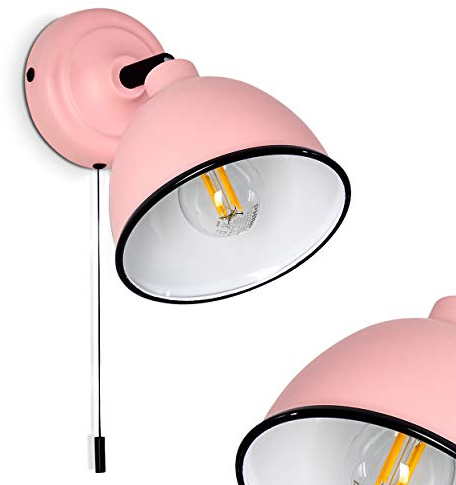 Vägglampa Catharine, justerbar vägglampa av metall i rosa/vit/svart, 1-lampa, 1 x E14-fäste, väggspot i retrodesign, med dragsnöre för av- och påslag, utan glödlampor
