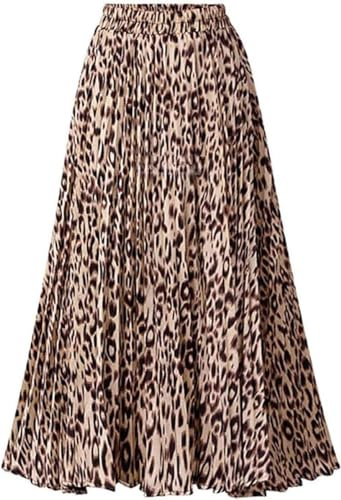 Womens Leopard Print Skirt Long Maxi Elasticated Waist Pleated A Line Skirts Boho Ladies Leopard M