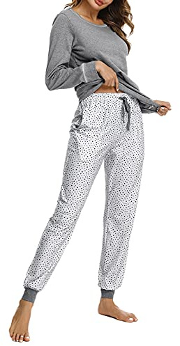 Litherday Pijama Mujer Invierno Algodón Suave y Transpirable Conjunto de Pijama Largo con Bolsillos y Cordón Ropa de Dormir Cómoda Talla Grande, Gris, M