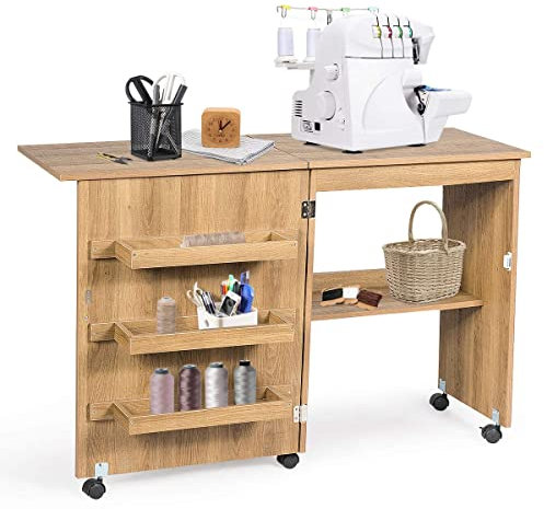 RELAX4LIFE Mobiletto per Macchina da Cucire Pieghevole su Ruote Bloccabili, Tavolo da Cucito in Legno con Ripiani Portaoggetti, Tavolino Cucito Multiuso da Studio e Salotto, 117,5x 40x 77cm (Naturale)