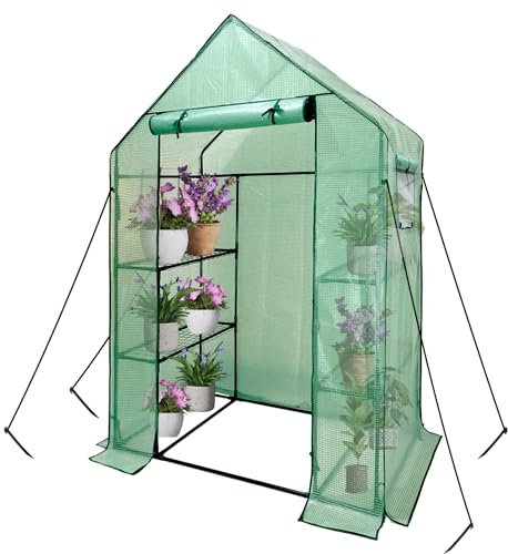 Grandhom Serre de Jardin avec 6 Étagères, Serre à tomates Foilen, Couverture en renforcé PE avec Porte et fenêtres et Cadre en Acier, Vert, 143x73x195cm