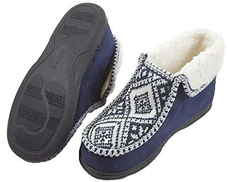 Easylife Nordic Ankle Slippers - Thermal Fleece-Lined Slipper Boots with Pull-On Comfort Fit for Men and Women - Durable Sole Indoor Winter Non-Slip Soft Slippers - Navy, Large