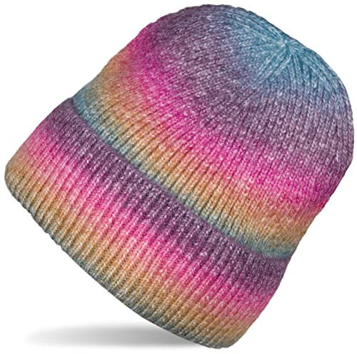 styleBREAKER Damen Strickmütze mit Streifen Farbverlauf im Ombré Look, Feinstrick Mütze, Strick Beanie 04024199, Farbe:Violett-Pink-Blau