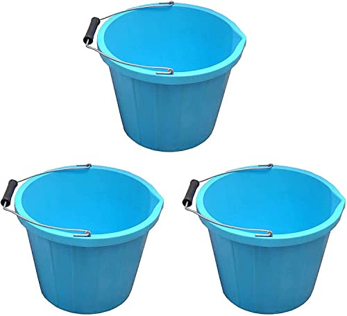 Set of 3- Sky Blue Plastic Builders Bucket 3 Gallon 14 Litre Water Mixing Storage Strong with Measuring Guide, Handle And Spout (Made in U.K)