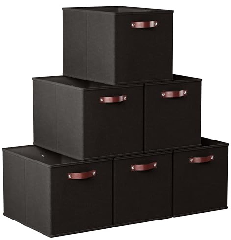 Ornavo Home 13 x 15 x 13 Kallax Storage Cube Bins, Foldable Collapsible Fabric Storage Bins Box Linen Shelf Basket Cube Organizer for Closet with Leather Handles, 6 Pack, Black