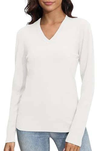 EXCHIC Donne Essentials Slim Fit Elastico Pullover Sweater Scollo a V Classico Maniche Lunghe Maglione(M, Bianco)