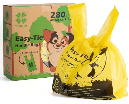 YORJA Sacchetti per escrementi di cani con manici per cravatta, 280 sacchetti per escrementi di animali domestici, spessi e resistenti, 100% biodegradabili, 100% a prova di perdite, biodegradabili