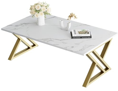 Coffee Table, Living Room Table, Center Tea Tables, Rectangular Tea Tables, End Side Desk with Gold Metal Frame for Living Room Bedroom Office, Modern Open Design, 39.3 x 18.9 x 17.7 IN, White/Gold