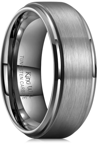 King Will Anello da uomo in carburo di tungsteno, 6 mm/7 mm/8 mm, bordo smussato lucido, finitura spazzolata opaca, fede nuziale centrale, R 1/2(59.53mm), Metallo, Nessuna pietra preziosa