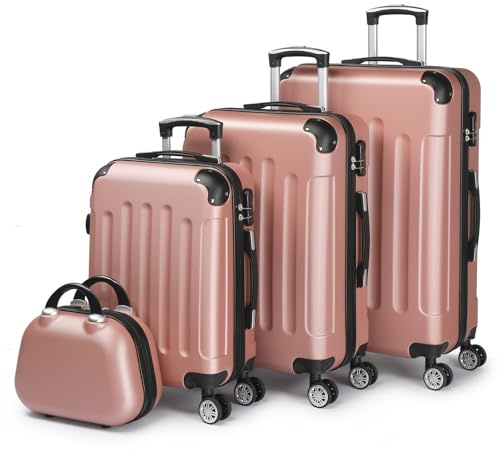 LALAHO Kofferset 4 teilig, Reisekoffer Set mit Kosmetikkoffer, Hartschalen Koffer Set aus ABS, Gepäckset mit Schminkkoffer, Handgepäck und 4 Eckenschützern, Roségold