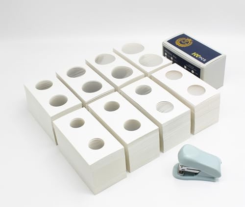 Boen Coin Flips 800Pcs Coin Holders 8 Assorted Sizes for Colletors The Coin Collection Supplies Include A Mini Stapler The Coin Cardboard Coin Flips for Coin Collection (8 Assorted Size 800pcs)
