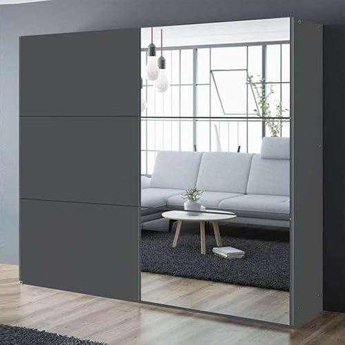 Krudox PRV 250 cm Graphit Schwebetürenschrank Mit Spiegel Breiten 122/150/200/250 cm Kleiderschrank Für Wohnzimmer Mit 3 Kleiderstangen Farben Weiß/Schwarz/Graphit